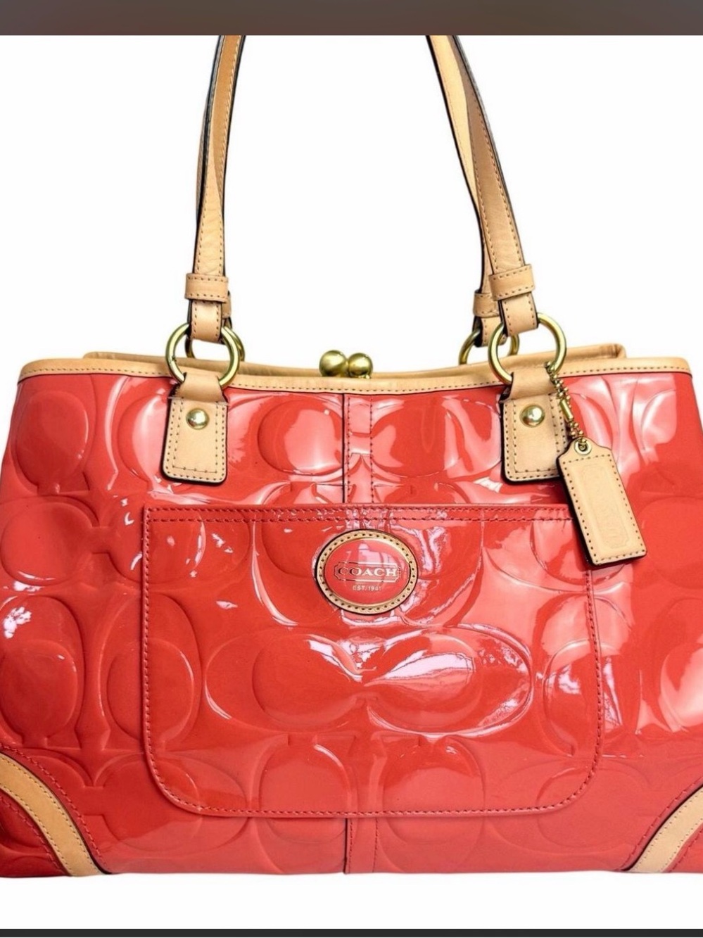 Coach Papaya Orange Peyton Kisslock Hand Bag stunning 😍 some marks